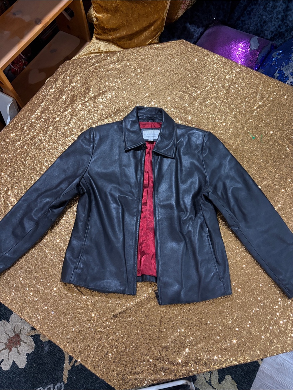 Worthington Black Lambskin Leather Jacket with Red Satin Lining